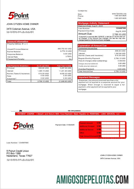 Extrato de hipoteca bancária do Texas 5Point Credit Union dos EUA em formatos Word e PDF baixar para verificação